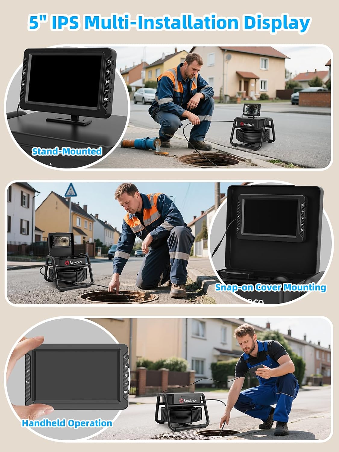 (New Open Box) Sanyipace S5517DC Drain Camera | 5" IPS 1080P HD DVR • 100FT • 16GB