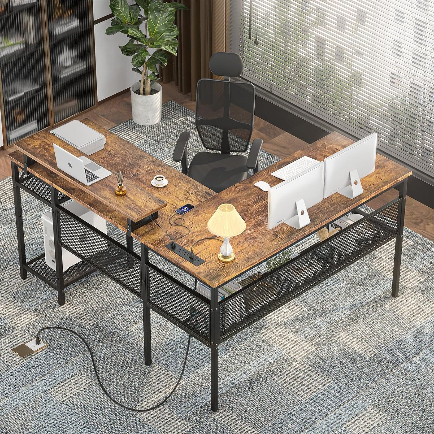 (New Open Box) Cyclysio L Shaped Gaming Desk with LED Lights, 55'' Computer Desk with Power Outlet, Reversible Corner Desk with Open Storage Shelves, Office Desk with Monitor Stand, Home Office, Workstation, Rustic