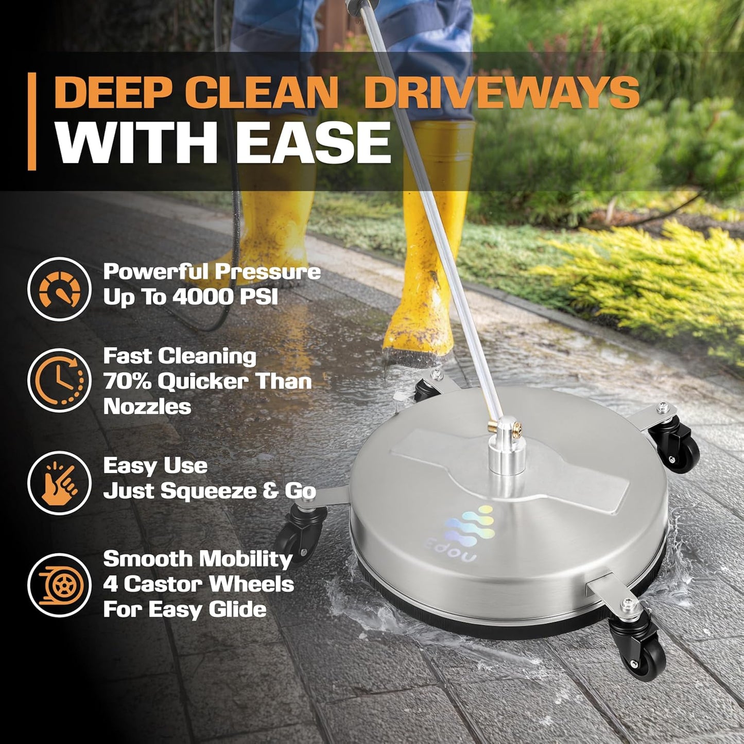 (New Open Box) EDOU 18 inch Pressure Washer Surface Cleaner - Stainless Steel Power Washer - 4,000 PSI Max