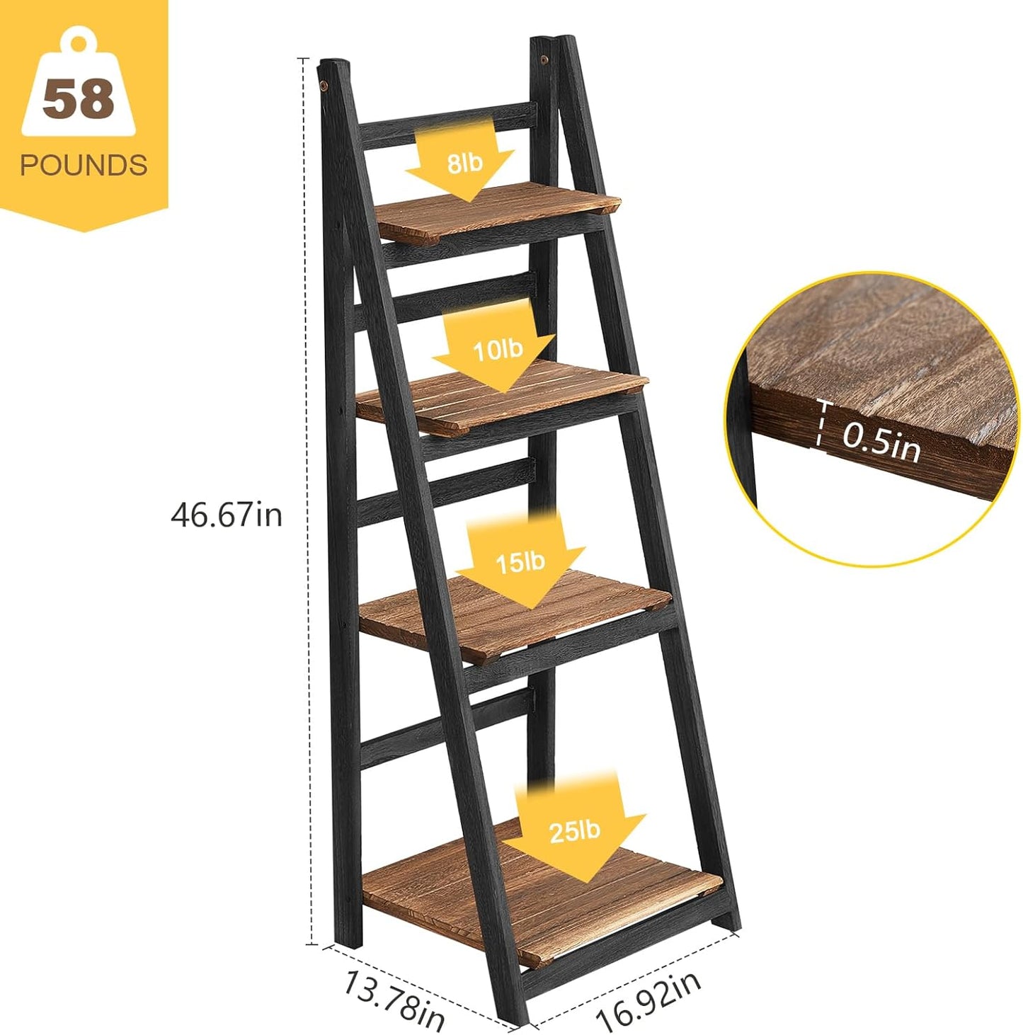 (New Open Box) Ladder Shelf, 4 Tier Ladder Shelves Rustic Solid Wood Ladder Shelf