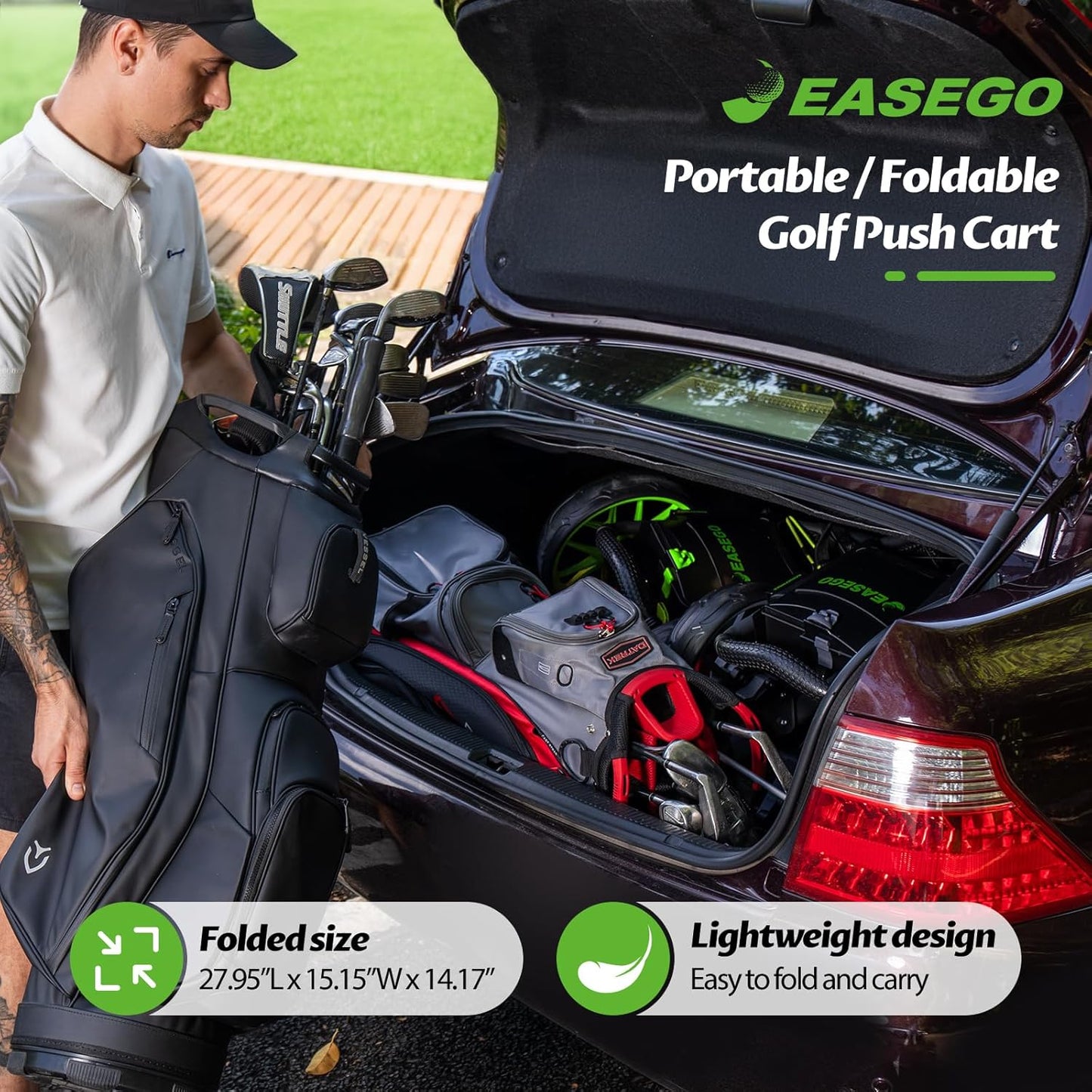 (New Open Box) EASEGO Golf Push Cart 3 Wheel : Golf Caddy Pull Cart, One Click Folding Golf Bag Cart Lightweight