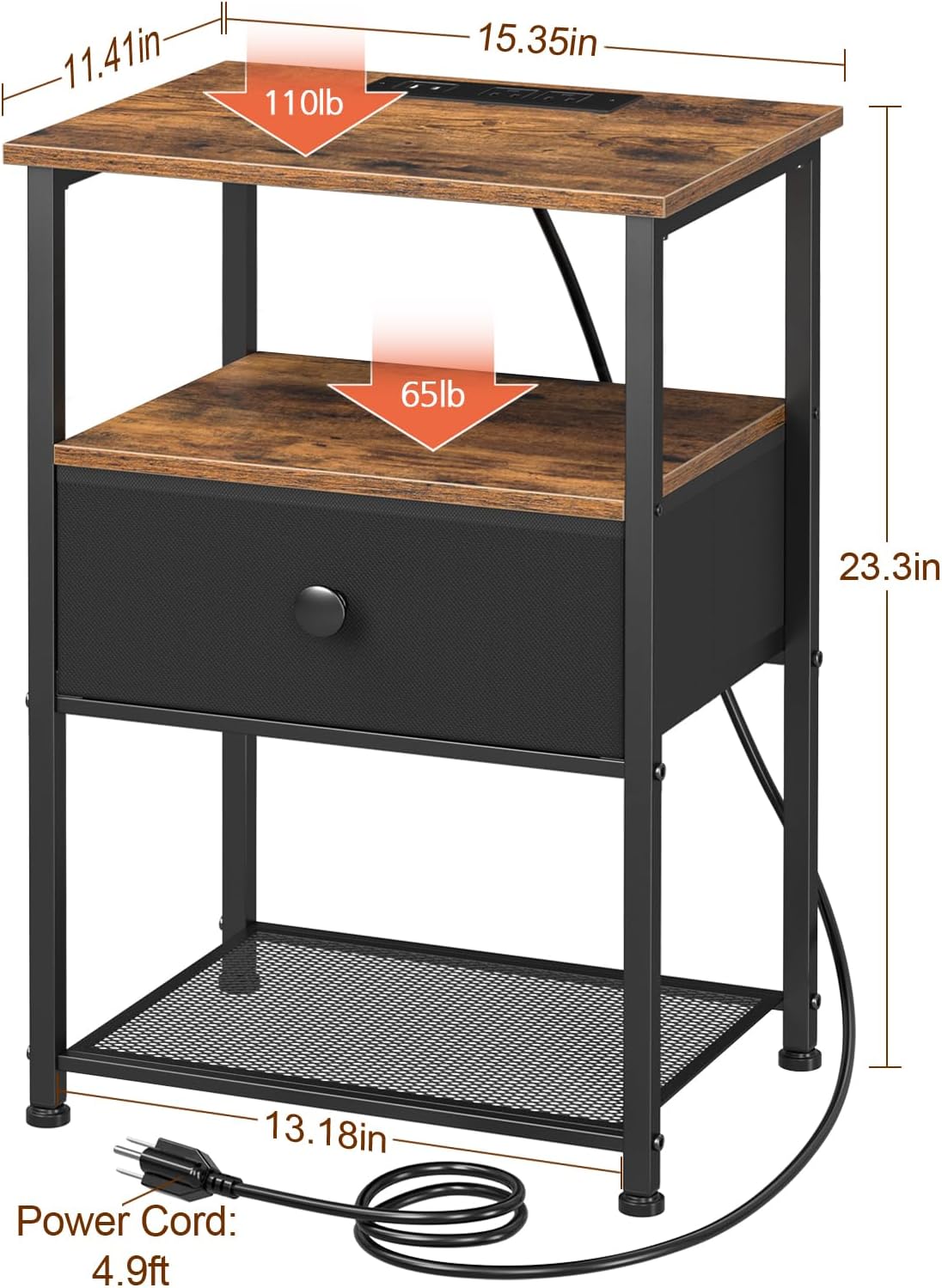 (New Open Box) LOAKEKEL Nightstands Set of 2 with Charging Station, LED Night Stands, HETS01BR (DS0052)