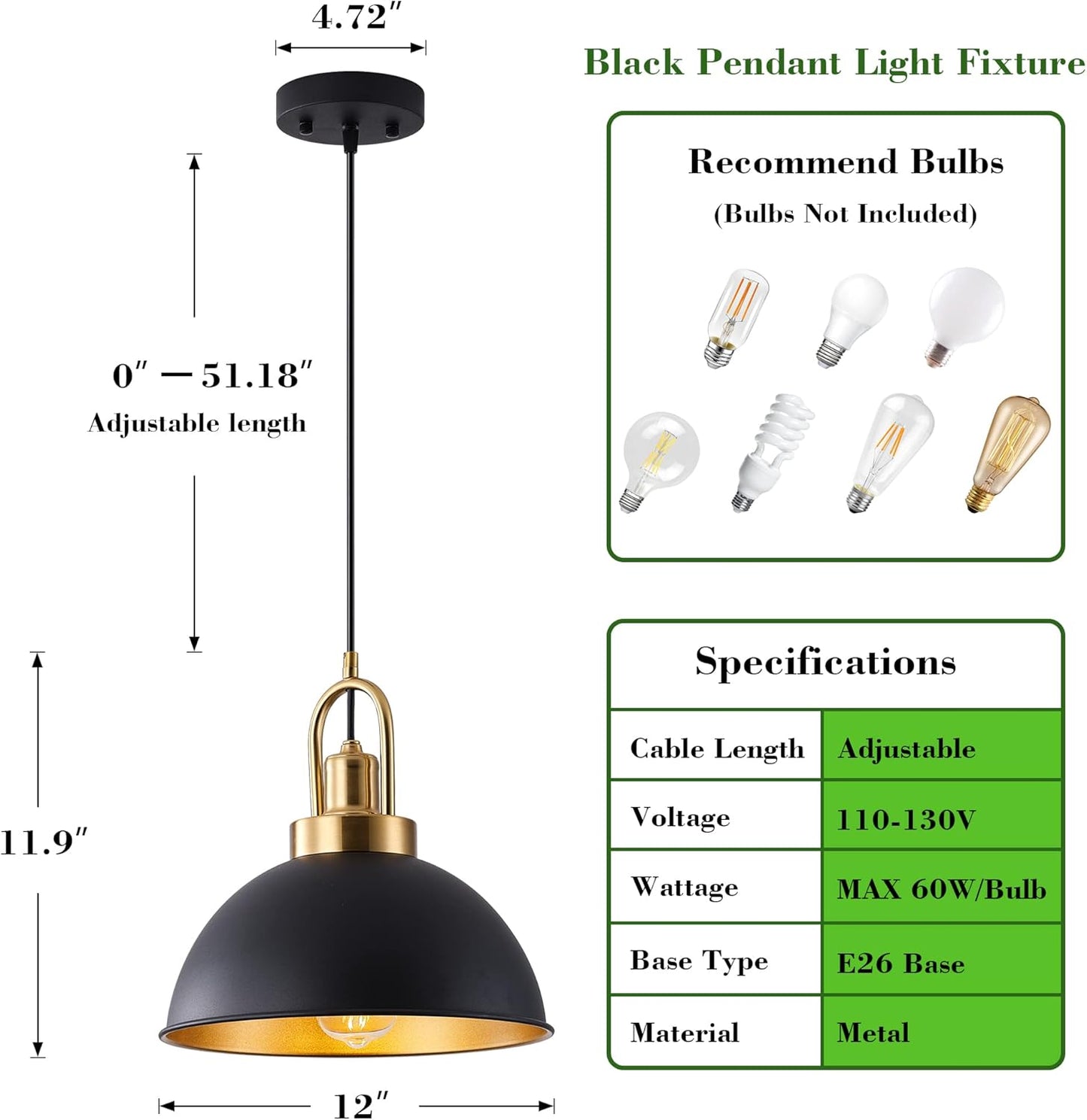 (New Open Box) Febeleven Matte Black Farmhouse Pendant Light | Adjustable Height • Vintage Industrial Style (HB-045)