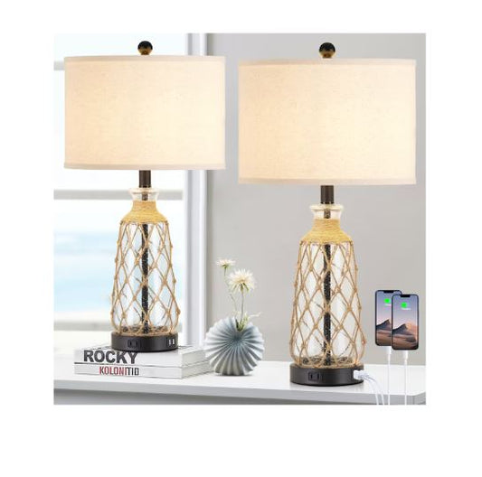 (Brand New) 25-in Baby Blue LED Touch Table Lamp Set of 2 | Linen Shade | TD-203