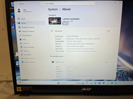 (Excellent) Acer Aspire A315-24P 15" 1080P AMD Ryzen 3 7320U / 256GB SSD / 8GB DDR5 RAM Laptop