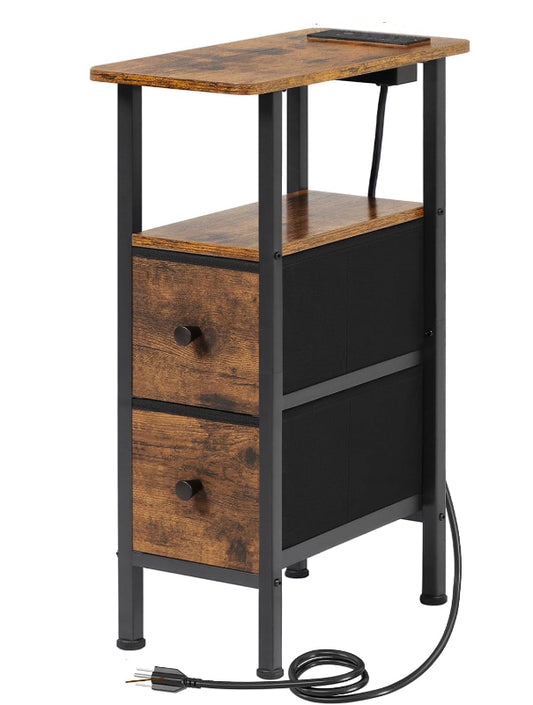 (New Open Box) LOAKEKEL Narrow Side Table with Charging Station, LED Light, Skinny Nightstand with Fabric Drawer, Slim Sofa Table for Bedroom, Small Spaces, Couch, Brown, TETNDP02LBR-1
