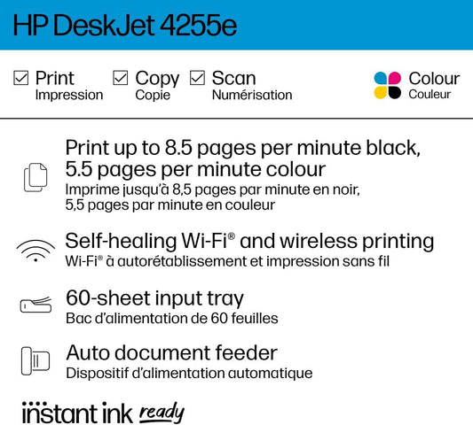 (Excellent) HP DeskJet 4255e Wireless All-in-One Colour Inkjet Printer, Scanner, Copier, Best for Home, (588S6A)