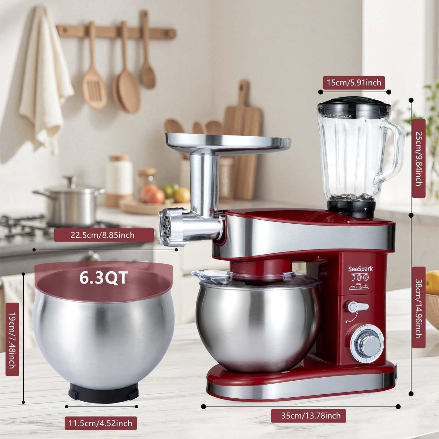 SeaSpark SC-213C Multifunctional Stand Mixer 6.3Qt 6-Speed Tilt-head, Electric Kitchen Mixer with Stainless Steel Bowl,Meat Grinder, Juice Blender