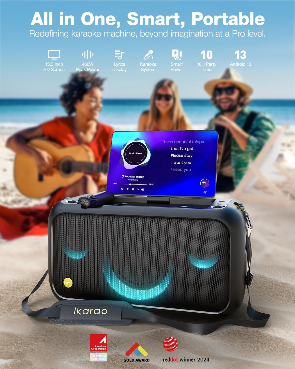 (New Open Box) Ikarao Break X1 Karaoke Machine for Adults with Lyrics Display & 32GB Tablet, 2 Wireless Microphones, 300W Peak PA System & Bluetooth Speaker, 4 DJ Lights, Portable Karaoke Speaker with Mic for Home Party/Outdoor
