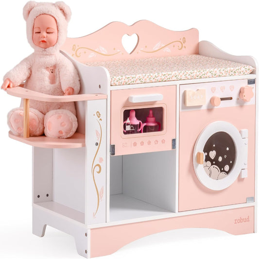 (New Open Box) ROBUD Baby Doll Crib, Pink Baby Doll Beds, Wooden Doll Changing Station
