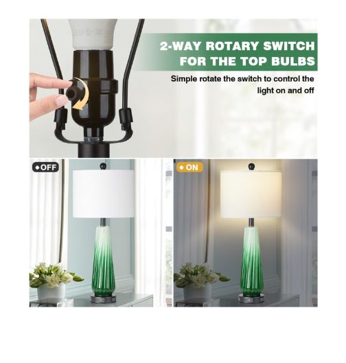 (Brand New) 27.5-in Green LED Table Lamp Set of 2 | Rotary Socket • Linen Shade | TD-257