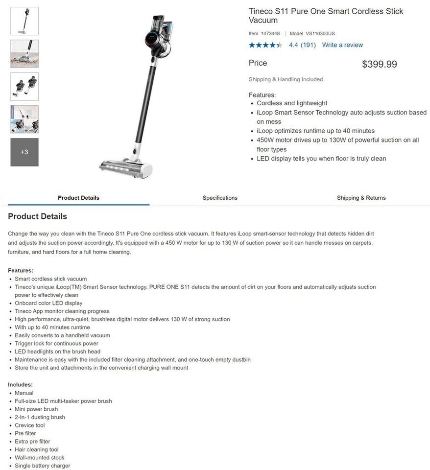 (Excellent) Tineco S11 Pure One Smart Cordless Stick Vacuum with 1 battery