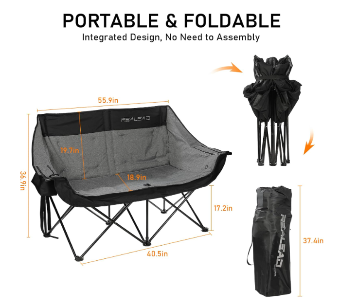 (Excellent) REALEAD Double Heated Camping Chair, 3 Heat Levels and 4 Heating Zones, Portable Heated Loveseat for Outdoor Sports, 650lb, Heated Folding Chairs for Outdoor,
