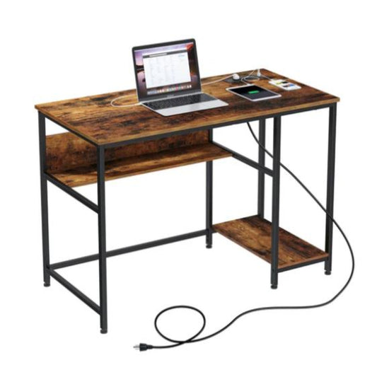 (New Open Box) Rolanstar Metal Frame Computer Desk with Power Outlets and Storage Shelf 55 Inch