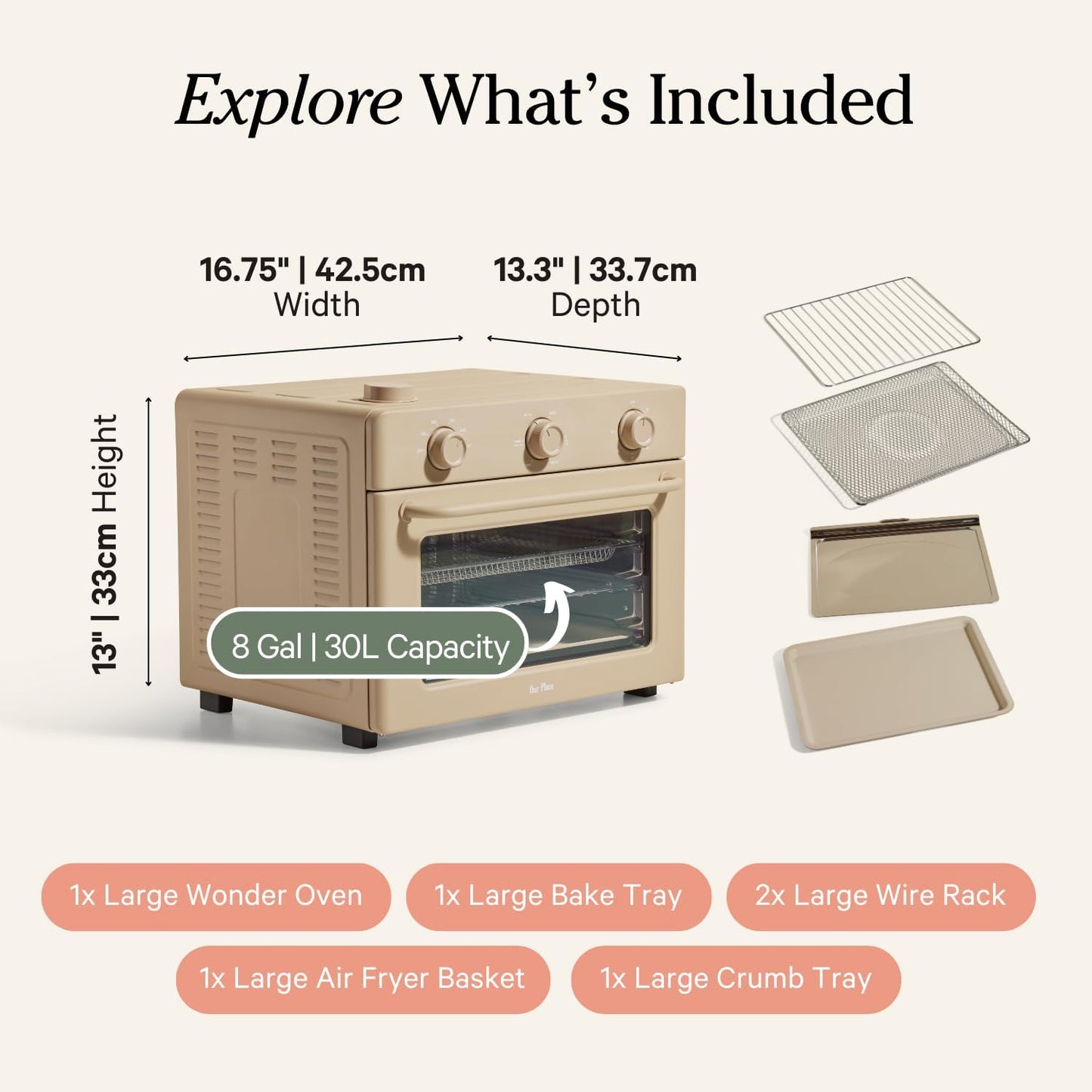 (New Open Box) Our Place Large Wonder Oven | 6-In-1 Toxin-Free Air Fryer & Toaster with Steam Infusion | Family-Sized 30L, 1700W Countertop Design | Includes Bake Tray, Fryer Basket, Large Racks | Steam