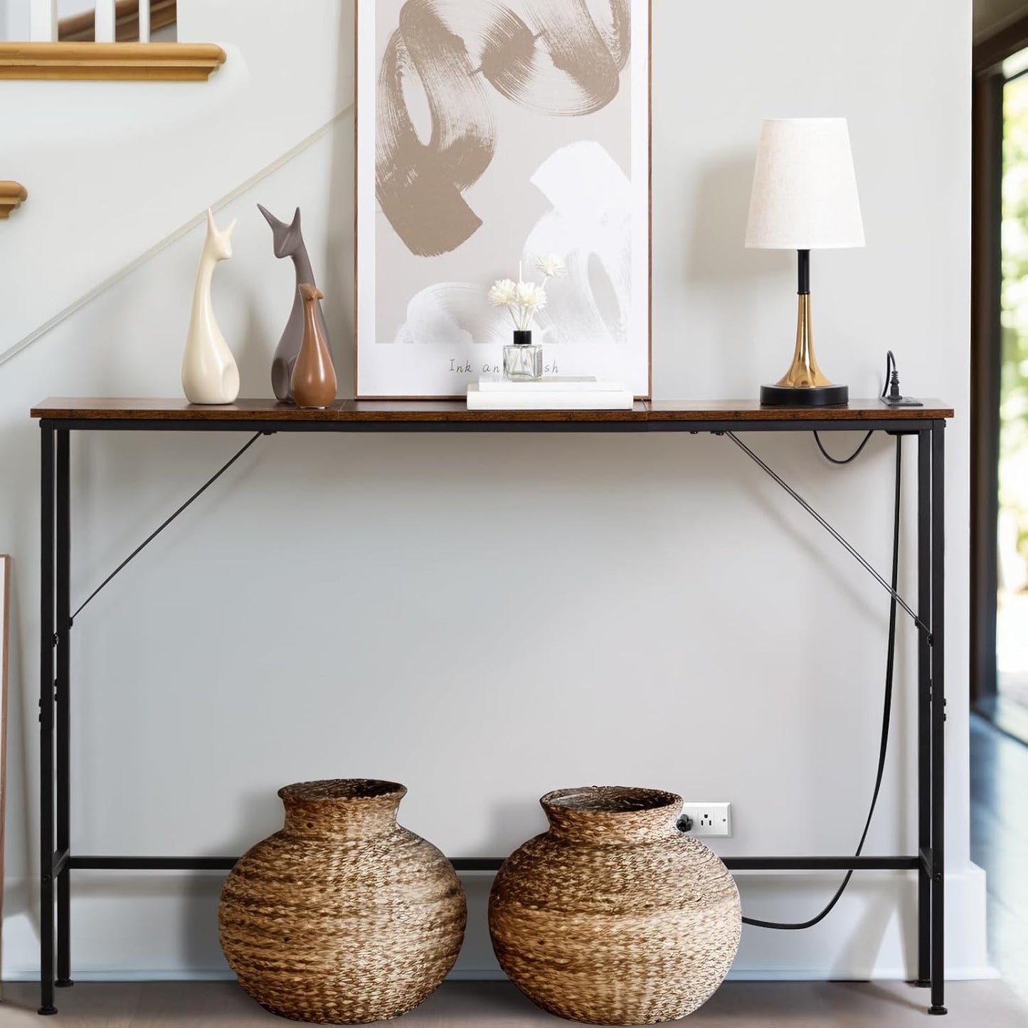 (New Open Box) LOAKEKEL 48-Inch Narrow Console Table with Power Outlet & USB Port, Small Entryway, Thin Behind Couch, Side, Skinny Sofa with Storage, Hallway for Foyer HST120BR-1