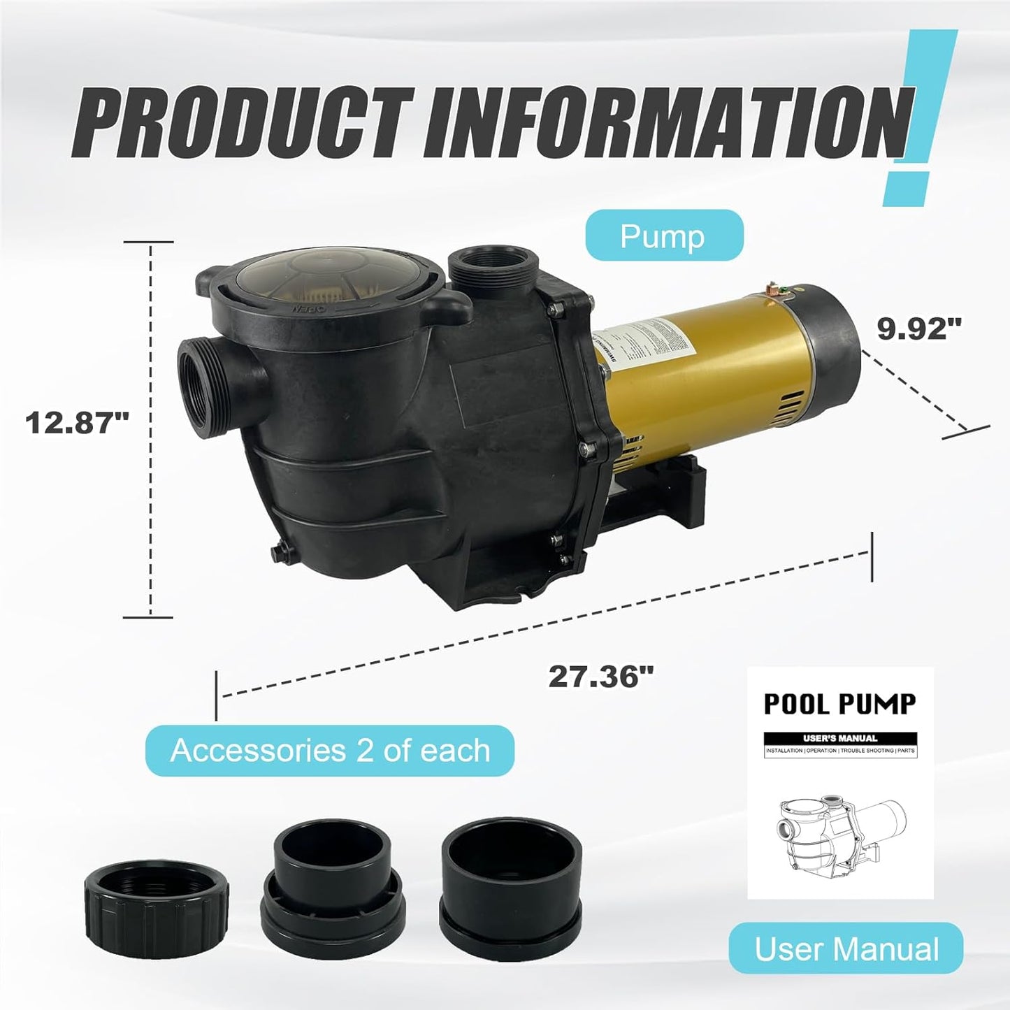 (New Open Box) Zipool 2HP Two Speed in/Above Ground Swimming Pool Pump, Original 2.0 inch Port Size, Comes with 1.5" and 2.0" Pipe Fittings, 6480GPH Qmax, 66FT Hmax, Thermal Protected Long Lifetime Pool Motor