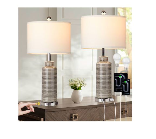 (Brand New) 24-in Grey Table Lamp Set of 2 | Linen Shade • Modern Style | TD-247