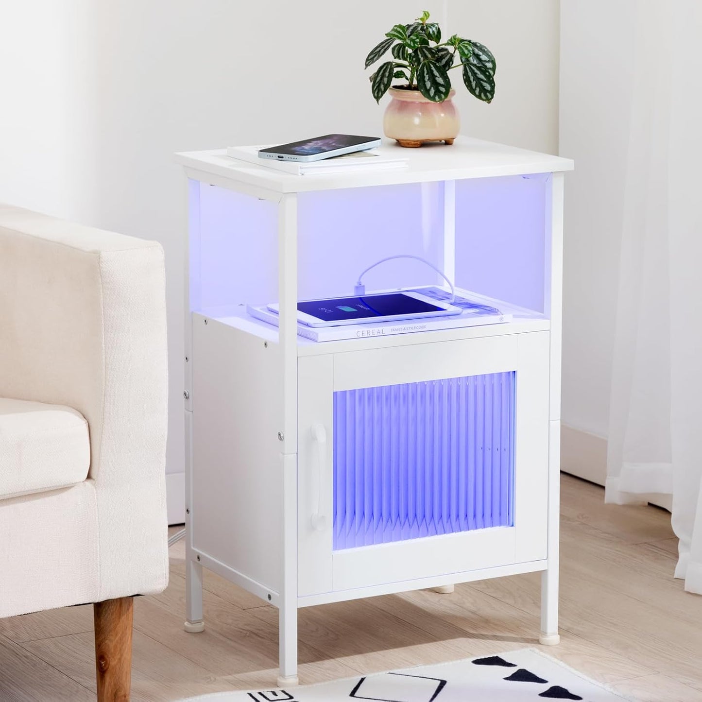 (New Open Box) LOAKEKEL Night Stand, LED Nightstand with Charging Station, Small End Table with Glass Door and Storage Shelf, Modern Side Table with USB Ports & Outlets, Bedside Table for Bedroom, White, HNS06WT-1