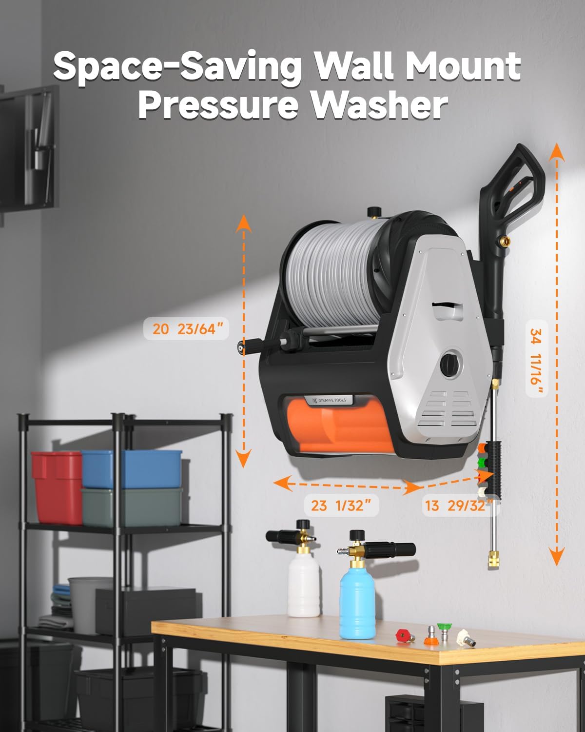 (Excellent) Giraffe Tools Wall Mounted Pressure Washer PRO with Upgraded 1800W Brushless Motor, Max 3700PSI Electric Power Washer with 100ft Detachable Hose for Car/Patios, Automatic Rewind, Any Length Lock