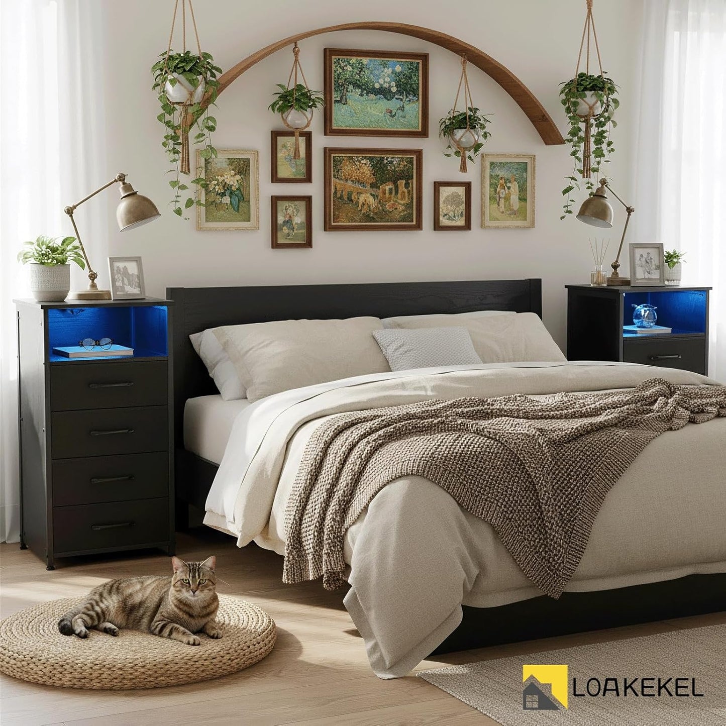 (New Open Box) LOAKEKEL Night Stand Set 2, Tall Nightstand with Charging Station for Bedroom with 4 Drawers, LED End Tables with USB Ports and Outlets, Bedside Table with Storage Shelf, Black, HNS034BK