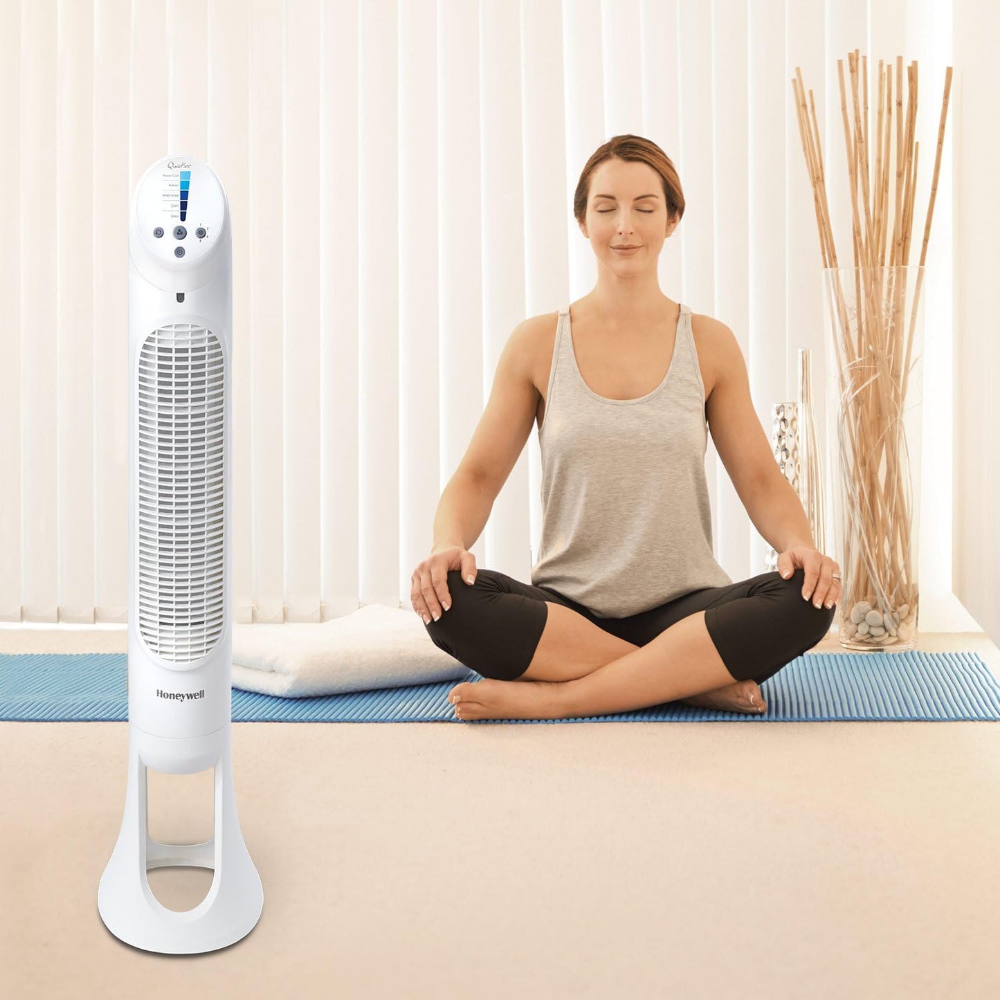 (New Open Box) Honeywell QuietSet Whole Room Oscillating Tower Fan (5 Speed Settings, Oscillating 80°, Timer Function, Auto-Off Lights, Remote Control) HYF260