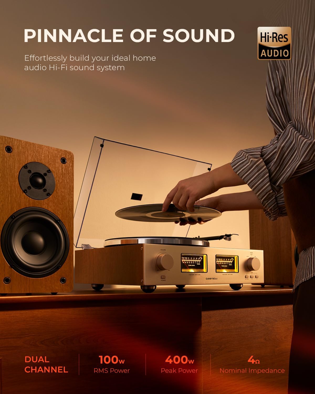 (New Open Box) QLEARSOUL HiFire X Vinyl Record Player, Audiophile HiFi Turntables System with 100W Bookshelf Speakers,VU Meter, DSP Preamp, Support 33/45 RPM, RCA LINE in | Out