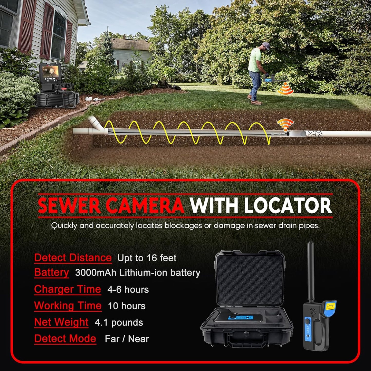 (New Open Box) Hbuds Sewer Camera with Locator – 200ft | Self-Leveling | 1080P HD | 9" Screen |