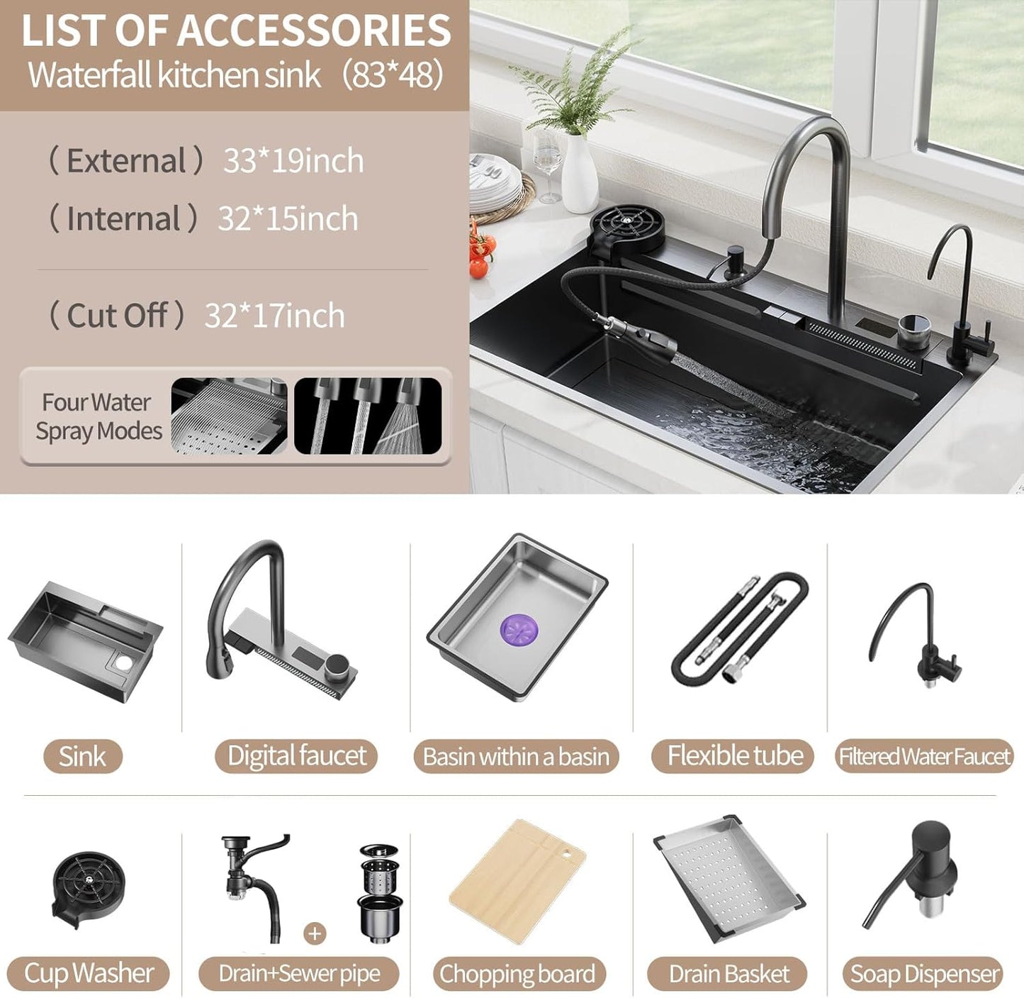 (New Open Box) Muiceon Black-Grey Nano Kitchen Sink with Waterfall 33x19x9 Inch