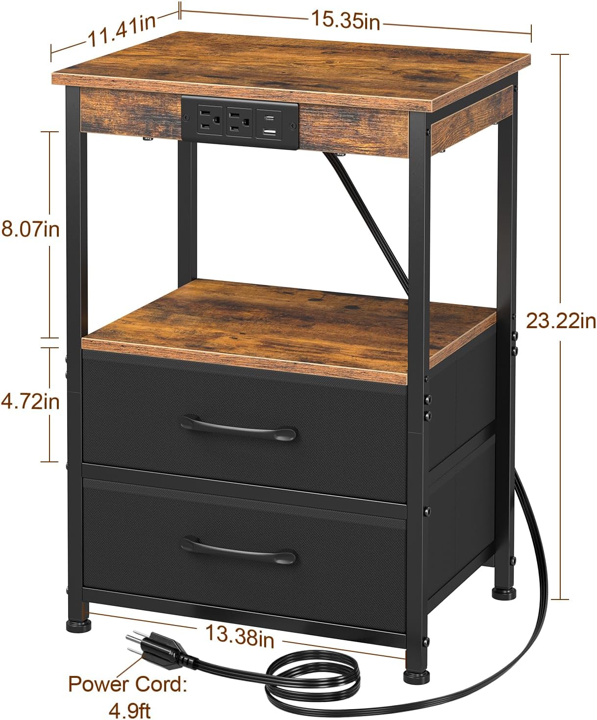 (New Open Box) LOAKEKEL End Table with 2 Drawers, Side Table with Storage Shelf, Nightstand with USB Ports and Outlets, Metal Frame, for Bedroom, Living Room,Rustic Brown HNS122BR-1
