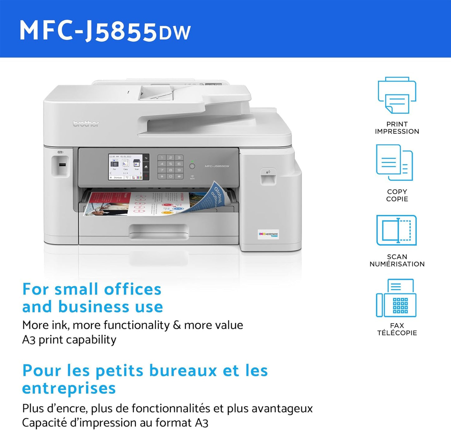 (New Open Box) Brother MFC-J5855DW Wireless A3 Color Inkjet Printer – All-in-One | Refillable Ink