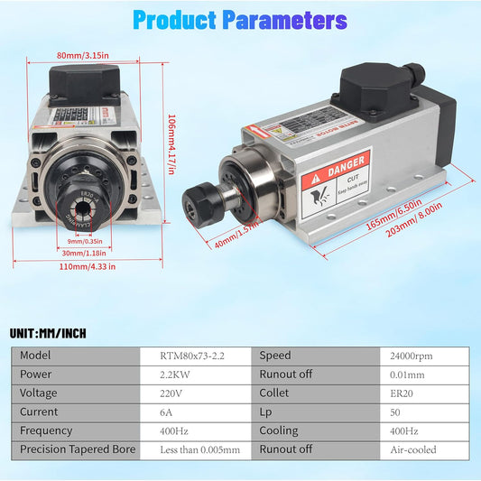 (Excellent) RATTMMOTOR CNC Spindle Motor Kit 220V 2.2KW Air Cooled Spindle Motor Square ER20+2.2KW VFD Inverter 220V Variable Frequency Drive Single to 3 Phase Converter for CNC Router Machine