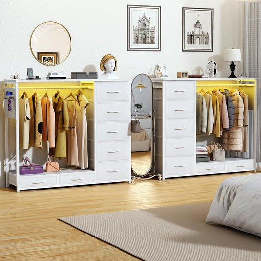 (New Open Box) SZLHANJZ Dresser for Bedroom with Hanging Rack, 7 Drawer Clothes Storage Chest with Lights and Charging Station, Wardrobe Dresser with Hooks and Pocket, Wood Top, Nursery White