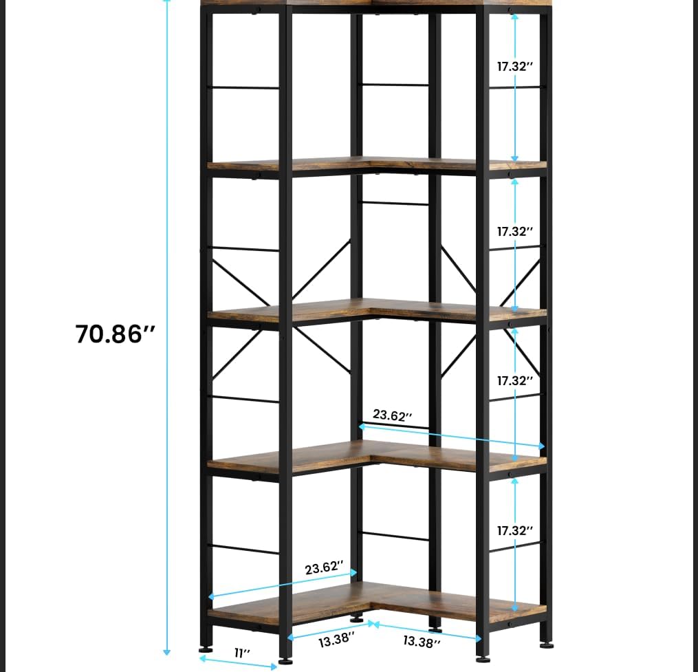 (New Open Box) Gujiam 5-Tier Corner Bookshelf, 70.86" Tall Corner Bookcase,5-Shelf Industrial L-Shaped Coner Shelf with Metal Frame for Home Office,Living Room,Bed Room(Rustic Brown)