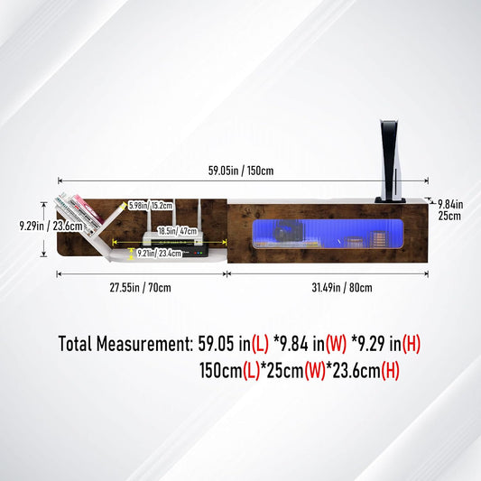 (New Open Box) Pmnianhua Rustic Floating TV Stand with LED Lights,59'' Wall Mounted TV Cosole,Under TV Shelf,Floating Entertainment Center with Glass Door and Storage for Projector,Bedroom Playroom