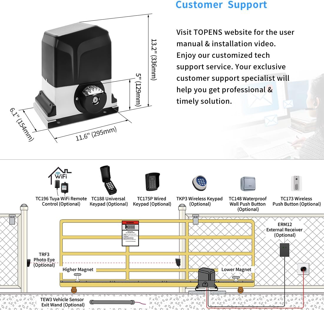 (New Open Box) TOPENS RK1200T Automatic Sliding Gate Opener Rack Drive Electric Gate Motor for Heavy Driveway Slide Gates Up to 3400 Pounds, Security Gate Operator AC Powered with Nylon Gear Rack and Remote Control
