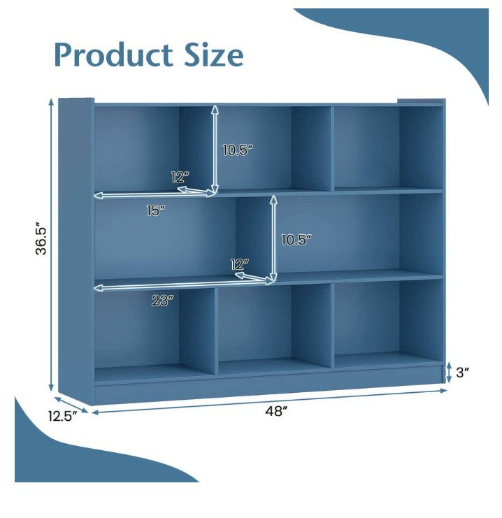 (New Open Box)  8 Cube 3-Tier Open Wooden Bookshelf & Toy Storage Organizer | Anti-Toppling • Blue