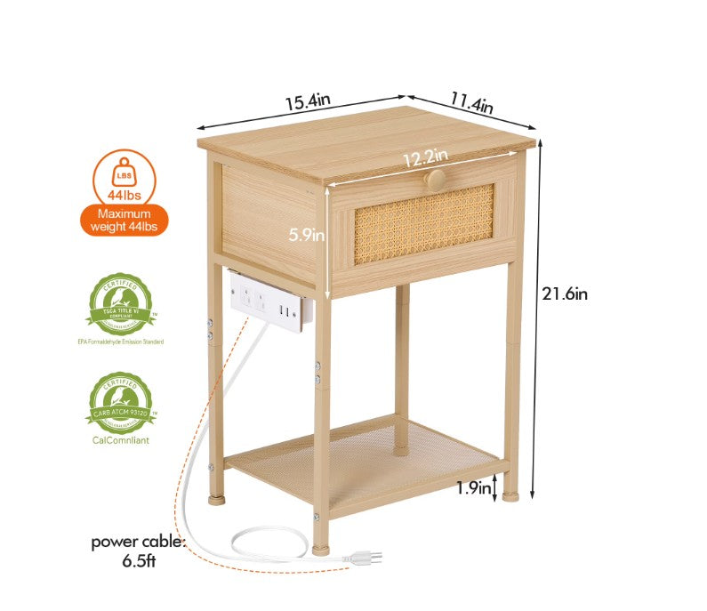 (New Open Box) 🌿🛏️ AMHANCIBLE Rattan Nightstand with Charging Station | HETRDP01BG🔌⚡