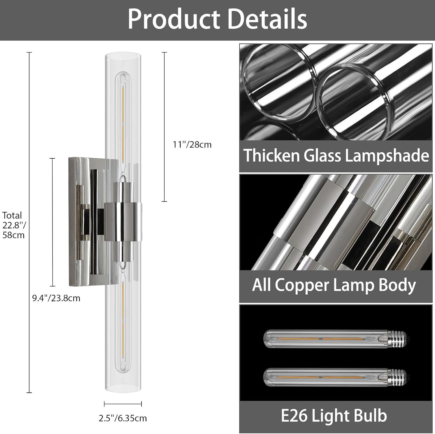 (New Open Box)  YUYI Nickel Wall Sconces Set of 2 | Clear Glass Shades • Modern Indoor Vanity Lighting •HB-76