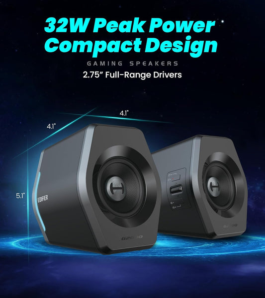 (New Open Box) Edifier G2000 RGB Gaming Speakers, 32W Peak Power, Compact Design for PC/PS4/Desktop, Bluetooth 5.1, 3.5mm AUX, Game/Movie/Music Modes, 12 RGB Lighting Effects - Black