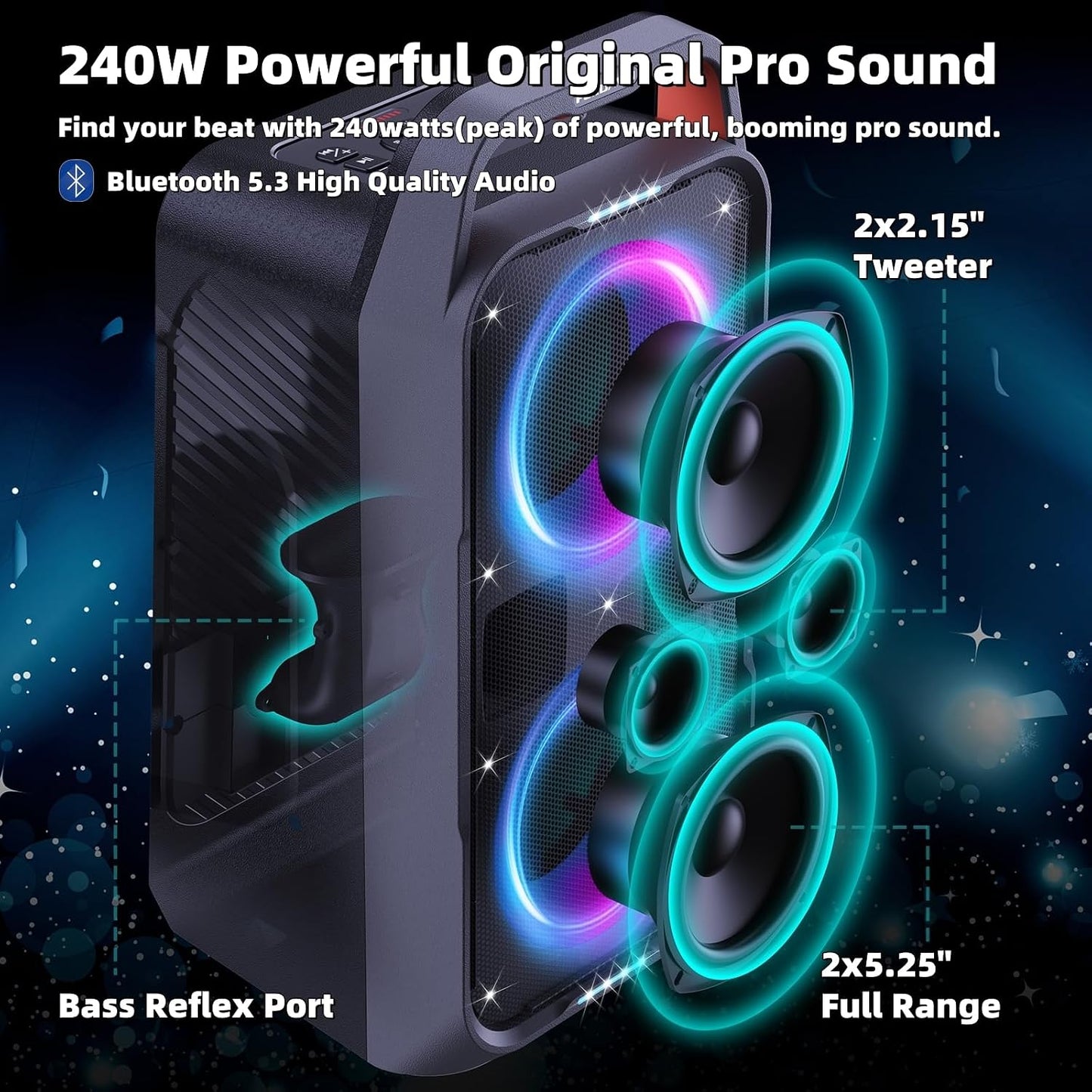 (New Open Box)  Foxdawn Portable Bluetooth Speaker – 240W Peak – Deep Bass – LED Light Show