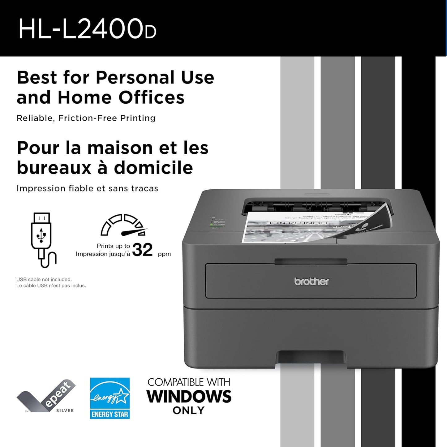 (New Open Box) Brother HL-L2400D Compact Monochrome Laser Printer with Duplex Printing, USB connectivity
