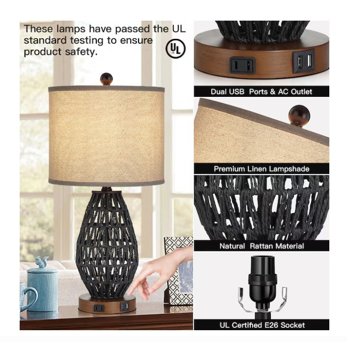 (New Open Box)  Rattan Table Lamp Set | 22.8" Black LED Touch Lamps  (TD-95)