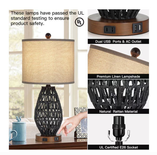 (New Open Box)  Rattan Table Lamp Set | 22.8" Black LED Touch Lamps  (TD-95)