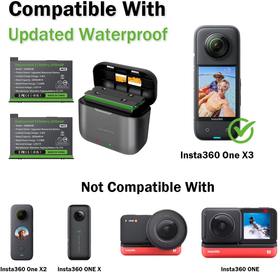 (Excellent) 2 Packs 360 X3 Batteries with Charger Hub for Insta 360 ONE X3 Battery 1800mAh