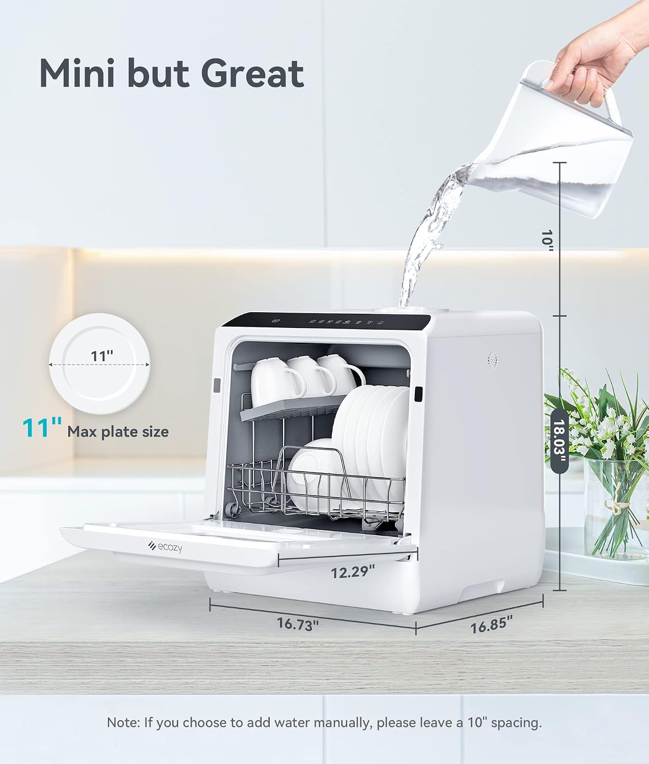 (New Open Box) ecozy Portable Dishwasher Countertop, Mini Dishwasher with a Built-in 5L Water Tank, No Hookup Needed, 6 Washing Programs