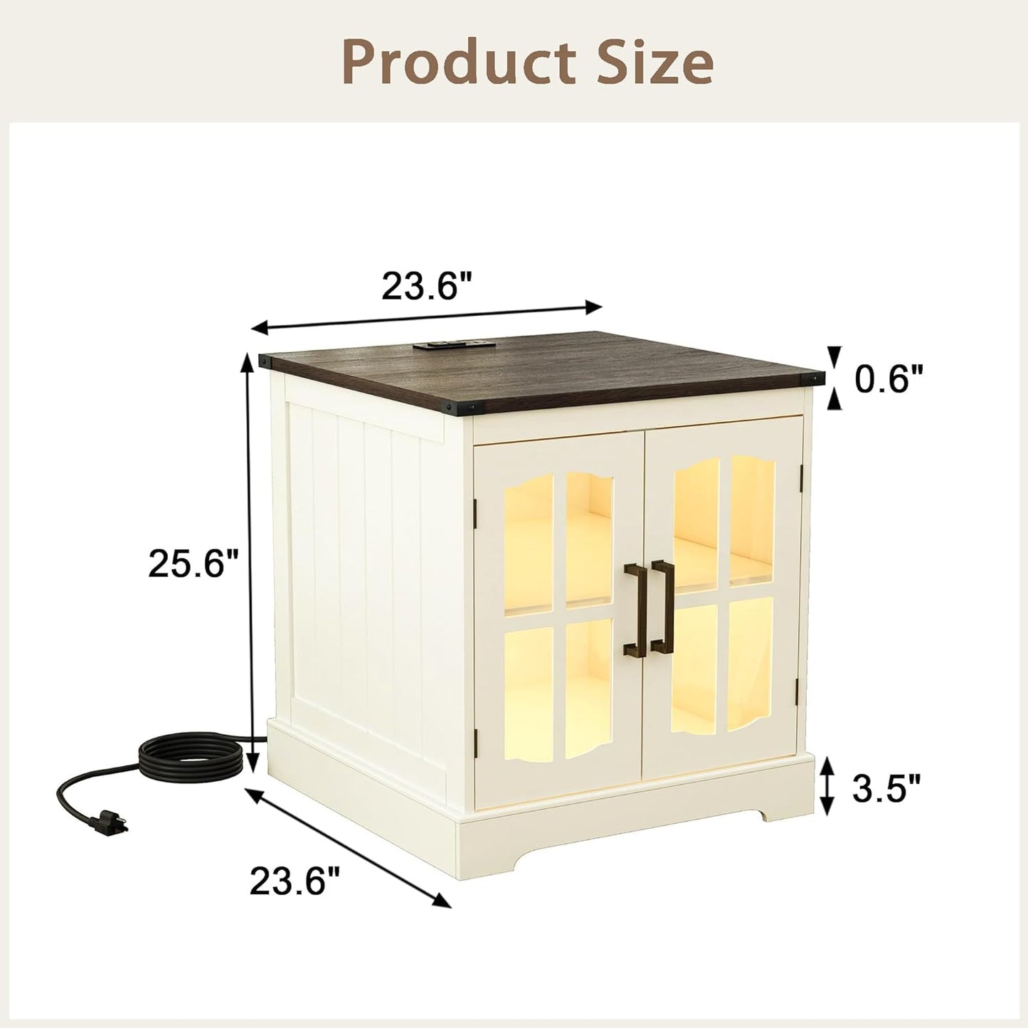 (New Open Box) ChooChoo Farmhouse End Table, 24" Large Sofa Side Table with Charging Station & LED Light, Nightstand with Adjustable Storage Shelf, Square Bedside Table for Living Room Beige (Cream Mix with White)