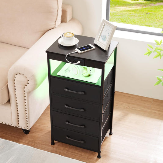 (New Open Box) AMHANCIBLE C Shaped End Table with Charging Station, TV Tray Set of 2 with Storage, Couch Tables That Slide Under, Sofa Table for Living Room, Bedroom BST004BK