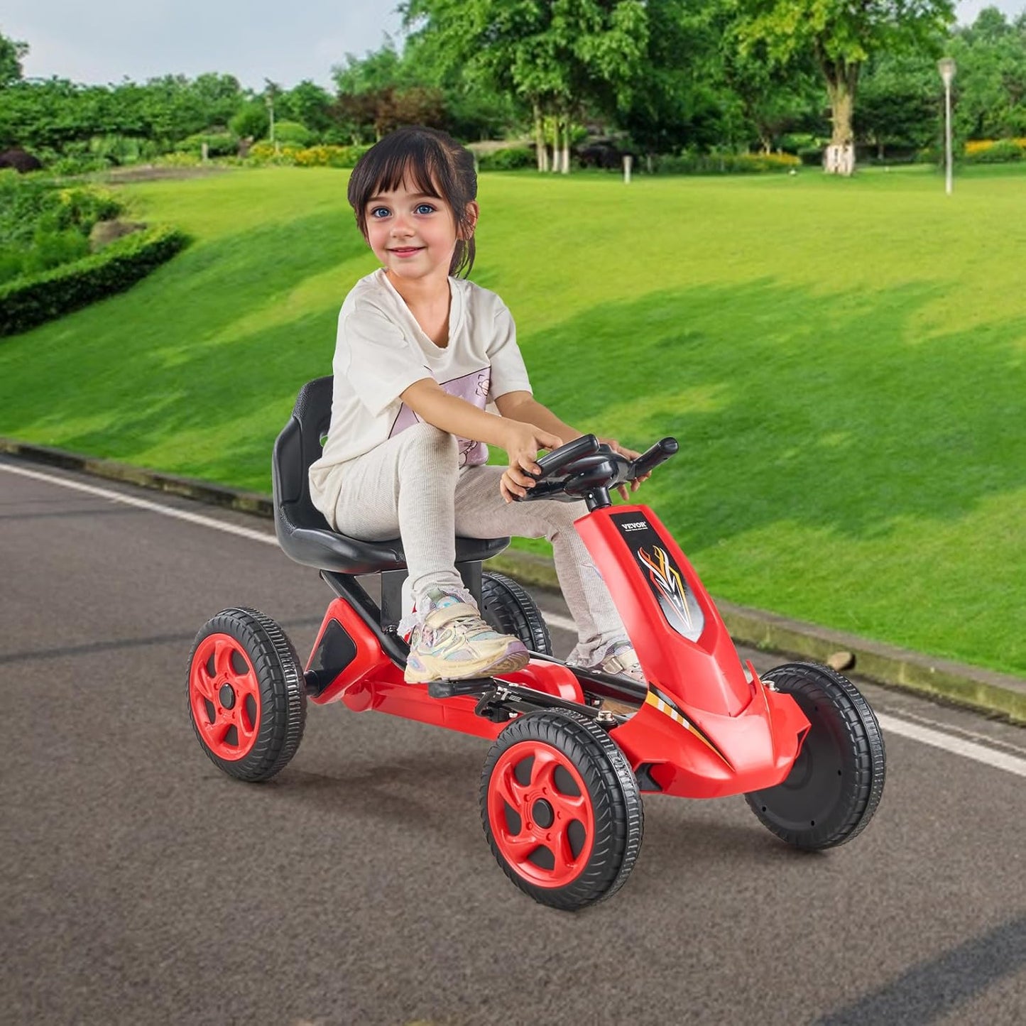 (New Open Box) VEVOR Kids Pedal Go Kart, 4 Wheel Off-Road Pedal Go Cart Ride On Toy for Kids, Steering Wheel, Adjustable Seat, Non-Slip Big Wheels, Outdoor Racer Ride On Pedal
