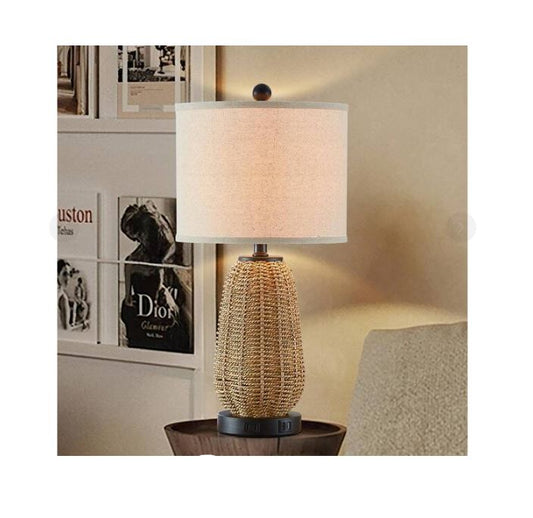 (New Open Box) 22.8-in Rattan Table Lamp Set of 2 | Wood Color • USB Ports • AC Outlet | TD-131